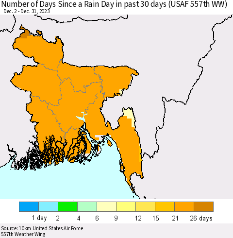 Bangladesh Number of Days Since a Rain Day in past 30 days (USAF 557th WW) Thematic Map For 12/26/2023 - 12/31/2023
