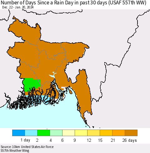 Bangladesh Number of Days Since a Rain Day in past 30 days (USAF 557th WW) Thematic Map For 1/16/2024 - 1/20/2024