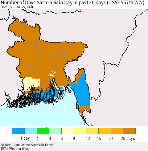 Bangladesh Number of Days Since a Rain Day in past 30 days (USAF 557th WW) Thematic Map For 1/21/2024 - 1/25/2024