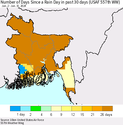 Bangladesh Number of Days Since a Rain Day in past 30 days (USAF 557th WW) Thematic Map For 1/26/2024 - 1/31/2024