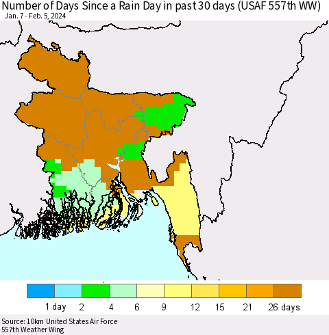Bangladesh Number of Days Since a Rain Day in past 30 days (USAF 557th WW) Thematic Map For 2/1/2024 - 2/5/2024