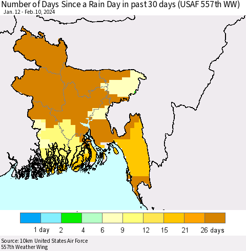 Bangladesh Number of Days Since a Rain Day in past 30 days (USAF 557th WW) Thematic Map For 2/6/2024 - 2/10/2024