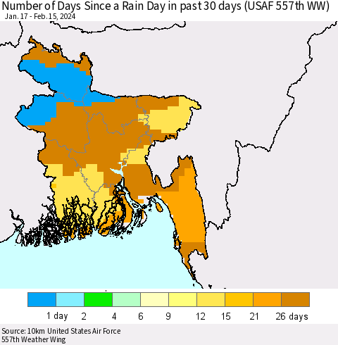 Bangladesh Number of Days Since a Rain Day in past 30 days (USAF 557th WW) Thematic Map For 2/11/2024 - 2/15/2024