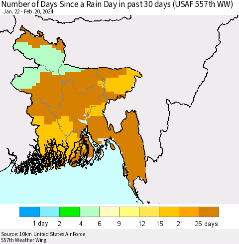 Bangladesh Number of Days Since a Rain Day in past 30 days (USAF 557th WW) Thematic Map For 2/16/2024 - 2/20/2024