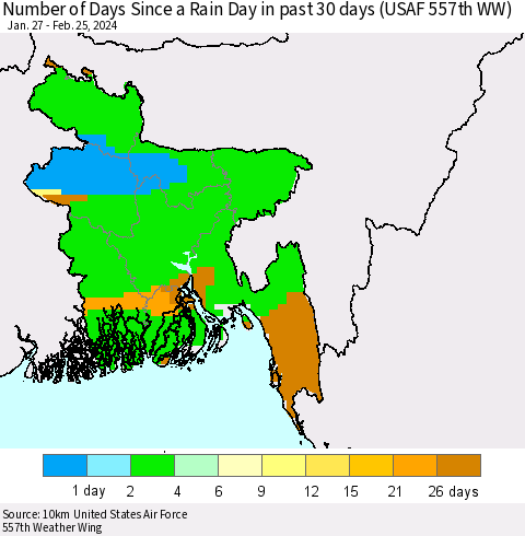 Bangladesh Number of Days Since a Rain Day in past 30 days (USAF 557th WW) Thematic Map For 2/21/2024 - 2/25/2024