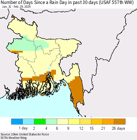 Bangladesh Number of Days Since a Rain Day in past 30 days (USAF 557th WW) Thematic Map For 2/26/2024 - 2/29/2024