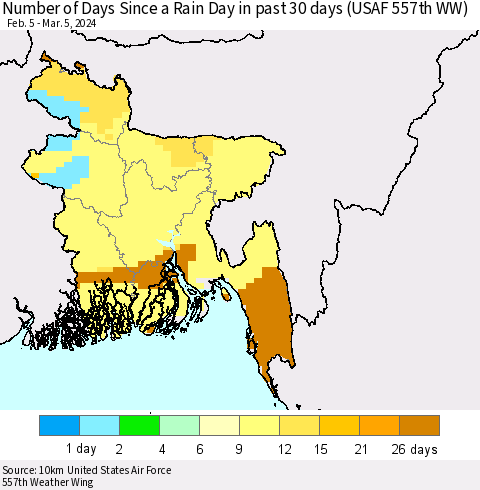 Bangladesh Number of Days Since a Rain Day in past 30 days (USAF 557th WW) Thematic Map For 3/1/2024 - 3/5/2024