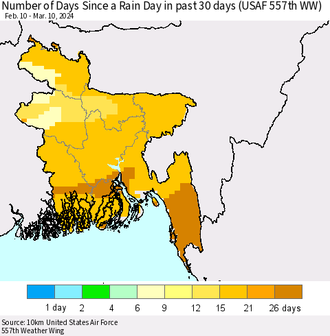 Bangladesh Number of Days Since a Rain Day in past 30 days (USAF 557th WW) Thematic Map For 3/6/2024 - 3/10/2024