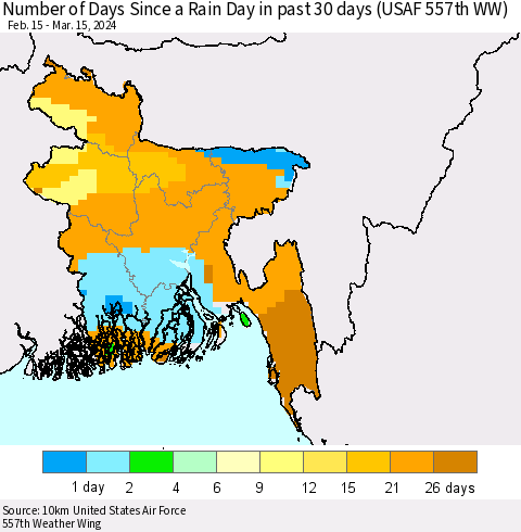 Bangladesh Number of Days Since a Rain Day in past 30 days (USAF 557th WW) Thematic Map For 3/11/2024 - 3/15/2024