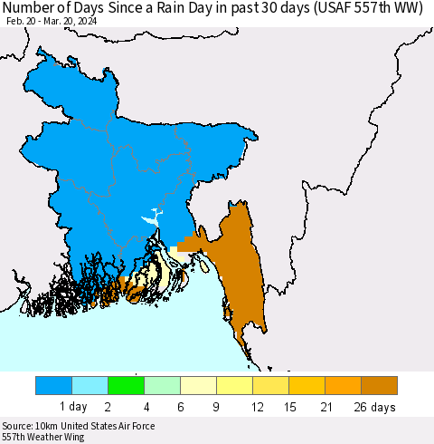 Bangladesh Number of Days Since a Rain Day in past 30 days (USAF 557th WW) Thematic Map For 3/16/2024 - 3/20/2024