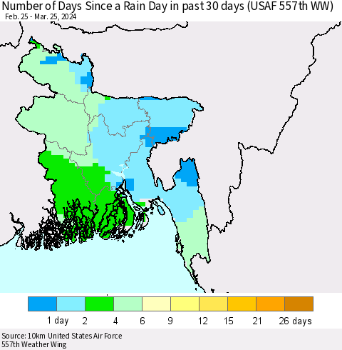 Bangladesh Number of Days Since a Rain Day in past 30 days (USAF 557th WW) Thematic Map For 3/21/2024 - 3/25/2024