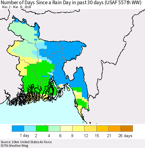 Bangladesh Number of Days Since a Rain Day in past 30 days (USAF 557th WW) Thematic Map For 3/26/2024 - 3/31/2024