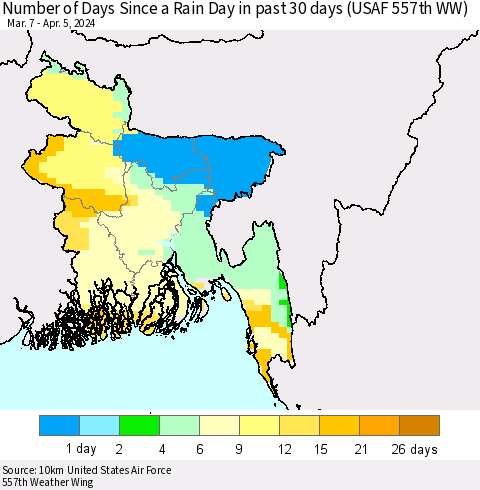 Bangladesh Number of Days Since a Rain Day in past 30 days (USAF 557th WW) Thematic Map For 4/1/2024 - 4/5/2024