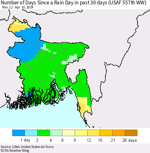 Bangladesh Number of Days Since a Rain Day in past 30 days (USAF 557th WW) Thematic Map For 4/6/2024 - 4/10/2024