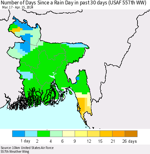 Bangladesh Number of Days Since a Rain Day in past 30 days (USAF 557th WW) Thematic Map For 4/11/2024 - 4/15/2024