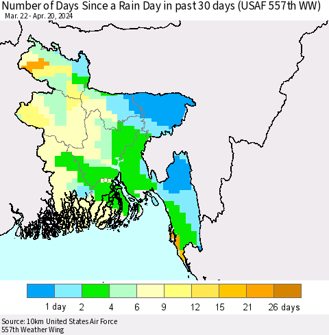 Bangladesh Number of Days Since a Rain Day in past 30 days (USAF 557th WW) Thematic Map For 4/16/2024 - 4/20/2024