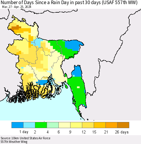 Bangladesh Number of Days Since a Rain Day in past 30 days (USAF 557th WW) Thematic Map For 4/21/2024 - 4/25/2024