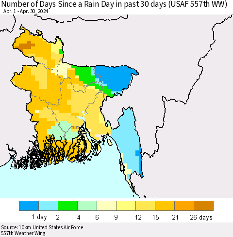 Bangladesh Number of Days Since a Rain Day in past 30 days (USAF 557th WW) Thematic Map For 4/26/2024 - 4/30/2024