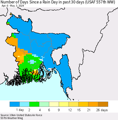 Bangladesh Number of Days Since a Rain Day in past 30 days (USAF 557th WW) Thematic Map For 5/1/2024 - 5/5/2024