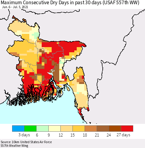 Bangladesh Maximum Consecutive Dry Days in past 30 days (USAF 557th WW) 07/05/2021 Thematic Map For 7/1/2021 - 7/5/2021