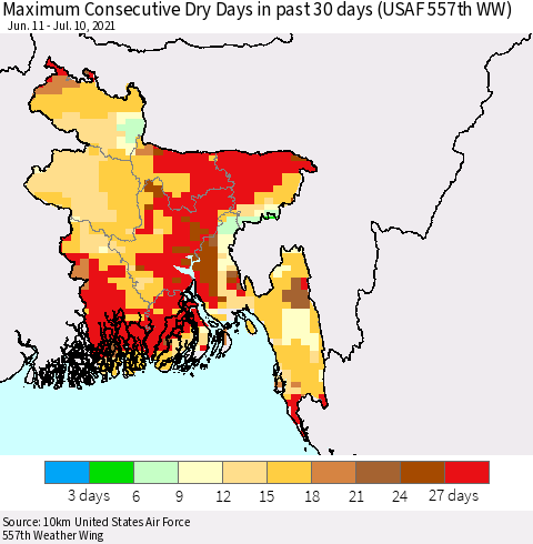 Bangladesh Maximum Consecutive Dry Days in past 30 days (USAF 557th WW) 07/10/2021 Thematic Map For 7/6/2021 - 7/10/2021