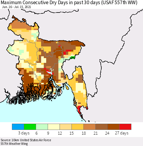 Bangladesh Maximum Consecutive Dry Days in past 30 days (USAF 557th WW) 07/15/2021 Thematic Map For 7/11/2021 - 7/15/2021
