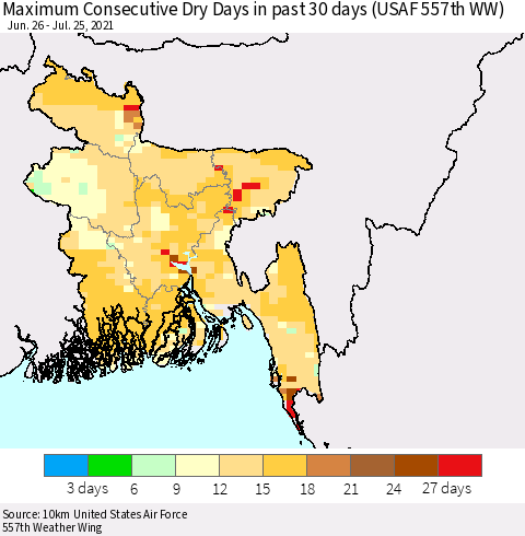 Bangladesh Maximum Consecutive Dry Days in past 30 days (USAF 557th WW) 07/25/2021 Thematic Map For 7/21/2021 - 7/25/2021