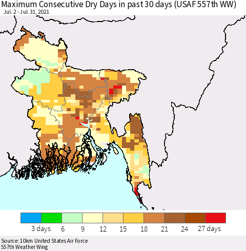 Bangladesh Maximum Consecutive Dry Days in past 30 days (USAF 557th WW) 07/31/2021 Thematic Map For 7/26/2021 - 7/31/2021