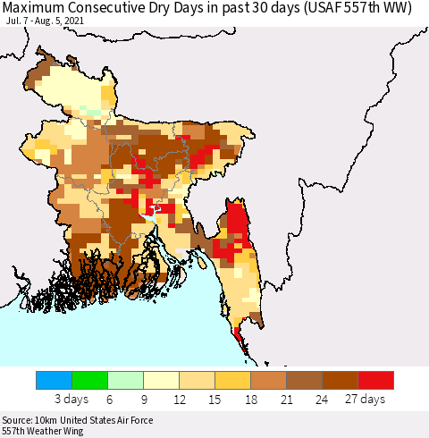 Bangladesh Maximum Consecutive Dry Days in past 30 days (USAF 557th WW) 08/05/2021 Thematic Map For 8/1/2021 - 8/5/2021