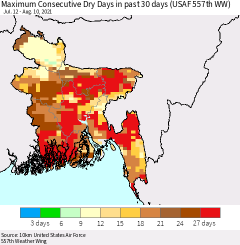 Bangladesh Maximum Consecutive Dry Days in past 30 days (USAF 557th WW) 08/10/2021 Thematic Map For 8/6/2021 - 8/10/2021