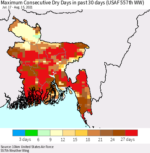 Bangladesh Maximum Consecutive Dry Days in past 30 days (USAF 557th WW) 08/15/2021 Thematic Map For 8/11/2021 - 8/15/2021