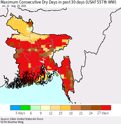 Bangladesh Maximum Consecutive Dry Days in past 30 days (USAF 557th WW) 08/20/2021 Thematic Map For 8/16/2021 - 8/20/2021