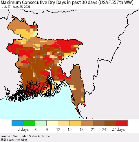 Bangladesh Maximum Consecutive Dry Days in past 30 days (USAF 557th WW) 08/25/2021 Thematic Map For 8/21/2021 - 8/25/2021