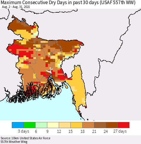Bangladesh Maximum Consecutive Dry Days in past 30 days (USAF 557th WW) 08/31/2021 Thematic Map For 8/26/2021 - 8/31/2021