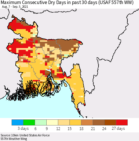 Bangladesh Maximum Consecutive Dry Days in past 30 days (USAF 557th WW) 09/05/2021 Thematic Map For 9/1/2021 - 9/5/2021
