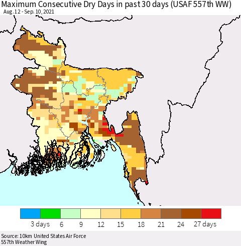 Bangladesh Maximum Consecutive Dry Days in past 30 days (USAF 557th WW) 09/10/2021 Thematic Map For 9/6/2021 - 9/10/2021