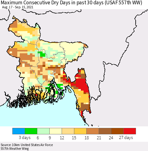 Bangladesh Maximum Consecutive Dry Days in past 30 days (USAF 557th WW) 09/15/2021 Thematic Map For 9/11/2021 - 9/15/2021