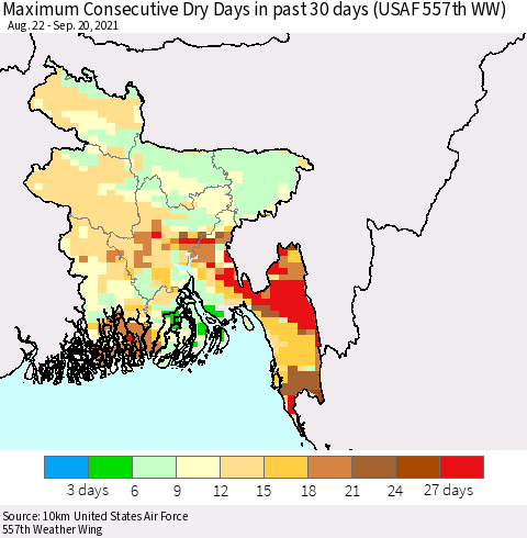 Bangladesh Maximum Consecutive Dry Days in past 30 days (USAF 557th WW) 09/20/2021 Thematic Map For 9/16/2021 - 9/20/2021