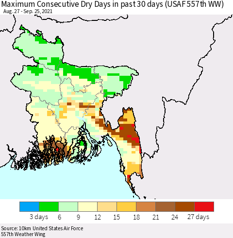 Bangladesh Maximum Consecutive Dry Days in past 30 days (USAF 557th WW) 09/25/2021 Thematic Map For 9/21/2021 - 9/25/2021