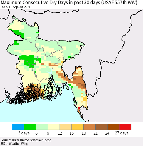 Bangladesh Maximum Consecutive Dry Days in past 30 days (USAF 557th WW) 09/30/2021 Thematic Map For 9/26/2021 - 9/30/2021