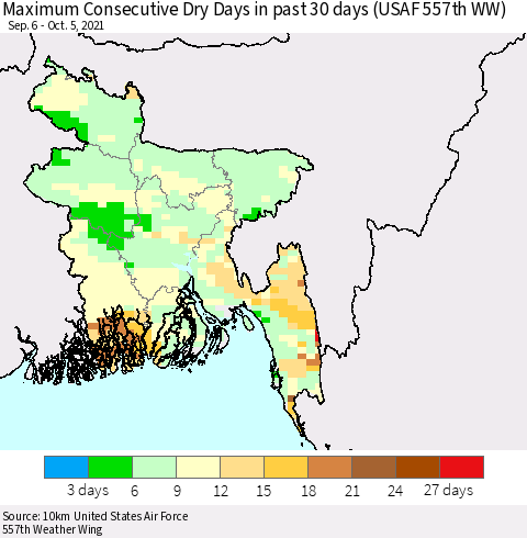 Bangladesh Maximum Consecutive Dry Days in past 30 days (USAF 557th WW) 10/05/2021 Thematic Map For 10/1/2021 - 10/5/2021