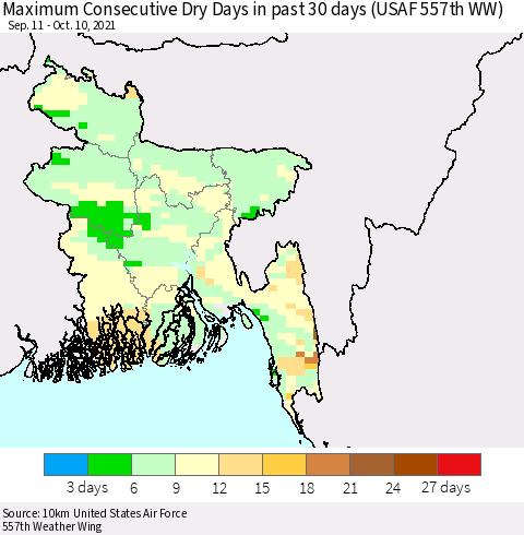 Bangladesh Maximum Consecutive Dry Days in past 30 days (USAF 557th WW) 10/10/2021 Thematic Map For 10/6/2021 - 10/10/2021