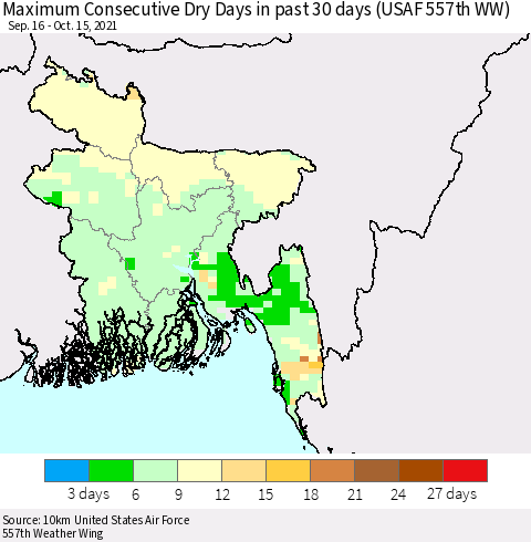 Bangladesh Maximum Consecutive Dry Days in past 30 days (USAF 557th WW) 10/15/2021 Thematic Map For 10/11/2021 - 10/15/2021