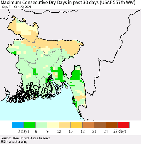 Bangladesh Maximum Consecutive Dry Days in past 30 days (USAF 557th WW) 10/20/2021 Thematic Map For 10/16/2021 - 10/20/2021
