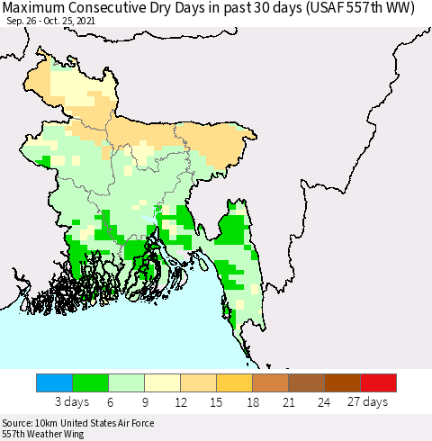 Bangladesh Maximum Consecutive Dry Days in past 30 days (USAF 557th WW) 10/25/2021 Thematic Map For 10/21/2021 - 10/25/2021
