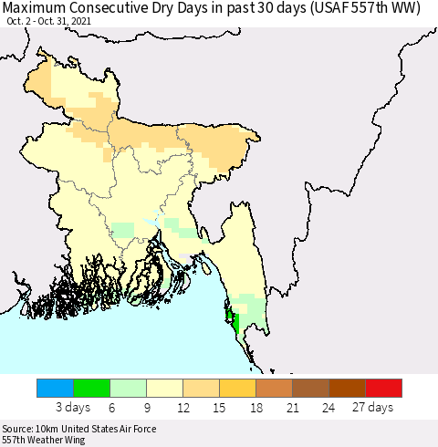 Bangladesh Maximum Consecutive Dry Days in past 30 days (USAF 557th WW) 10/31/2021 Thematic Map For 10/26/2021 - 10/31/2021