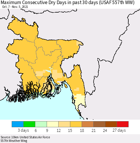 Bangladesh Maximum Consecutive Dry Days in past 30 days (USAF 557th WW) 11/05/2021 Thematic Map For 11/1/2021 - 11/5/2021