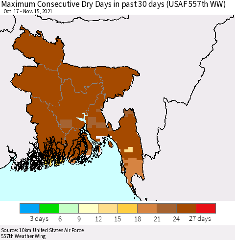 Bangladesh Maximum Consecutive Dry Days in past 30 days (USAF 557th WW) 11/15/2021 Thematic Map For 11/11/2021 - 11/15/2021