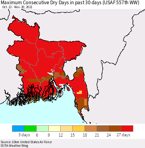 Bangladesh Maximum Consecutive Dry Days in past 30 days (USAF 557th WW) 11/20/2021 Thematic Map For 11/16/2021 - 11/20/2021