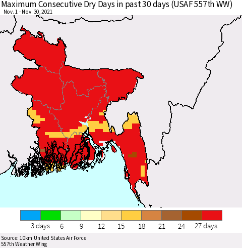 Bangladesh Maximum Consecutive Dry Days in past 30 days (USAF 557th WW) 11/30/2021 Thematic Map For 11/26/2021 - 11/30/2021